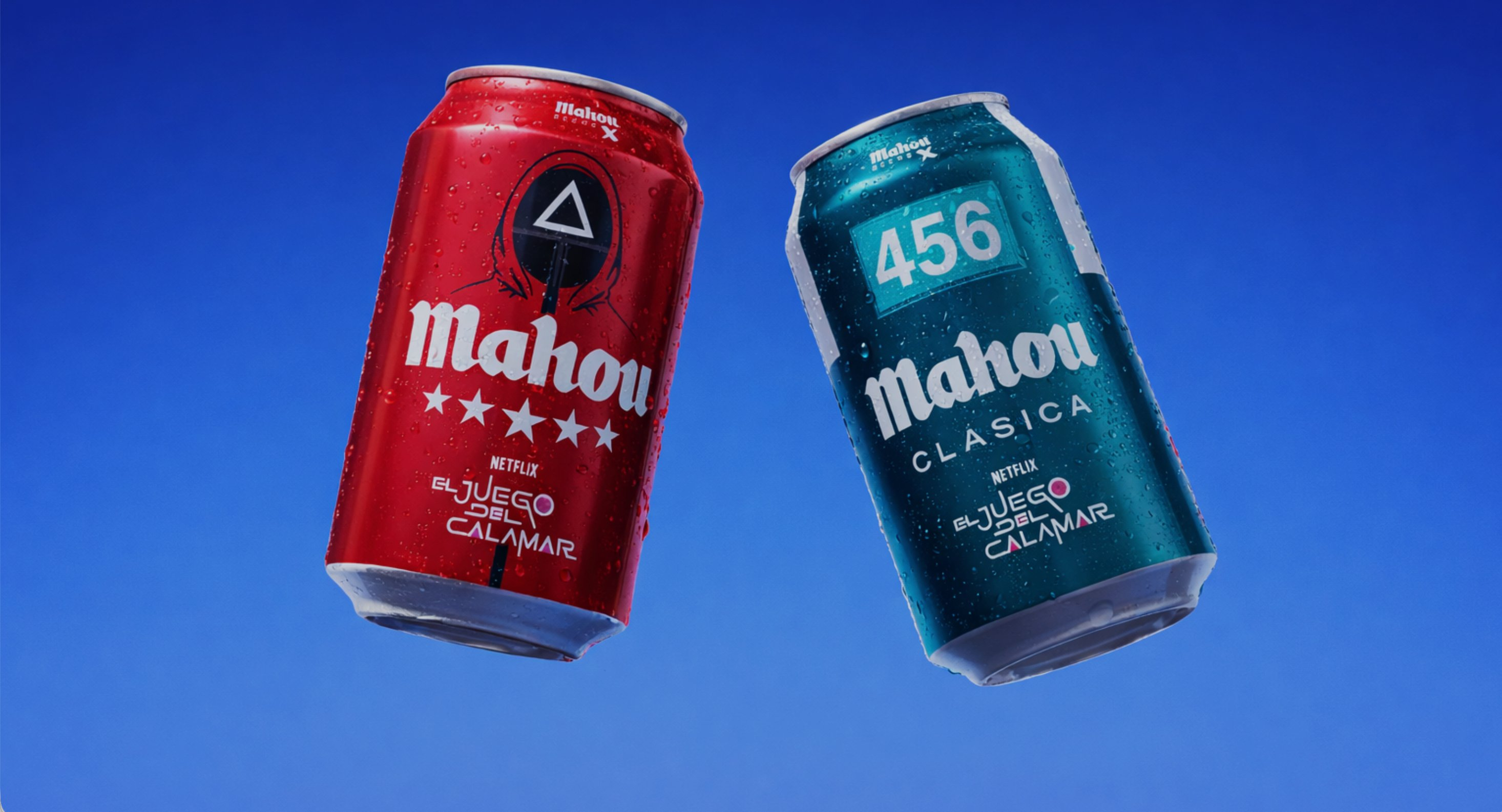 Mahou × Squid Game limited-edition cans — red and green