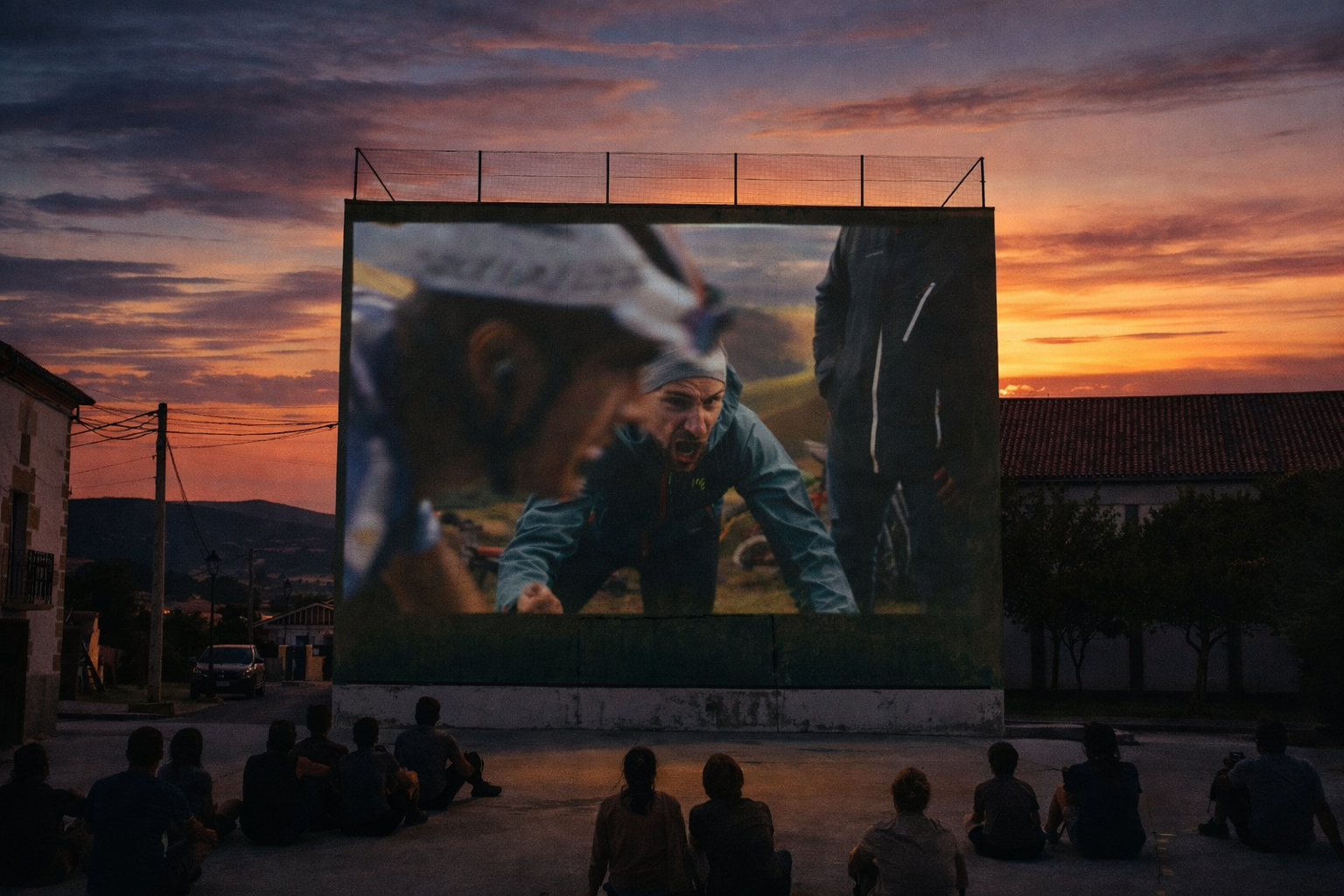 A rural town square watching La Vuelta projected on a wall at dusk